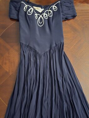 Vintage ’80s Navy Blue Corset-Style Dress with White Trim
